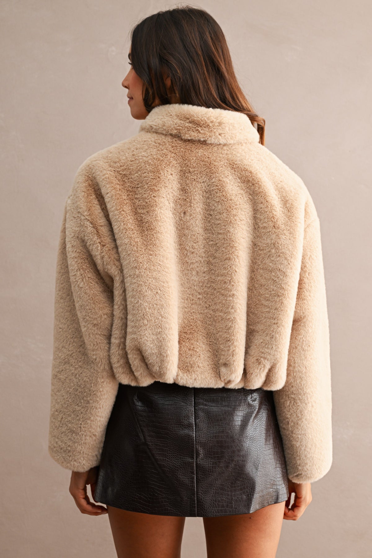 Jolie Faux Fur Cropped Jacket in Light Mocha