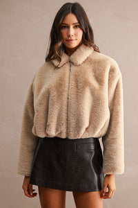 Jolie Faux Fur Cropped Jacket in Light Mocha