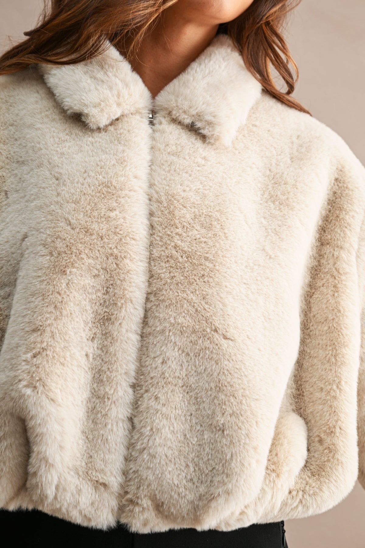 Jolie Faux Fur Cropped Jacket in Light Taupe