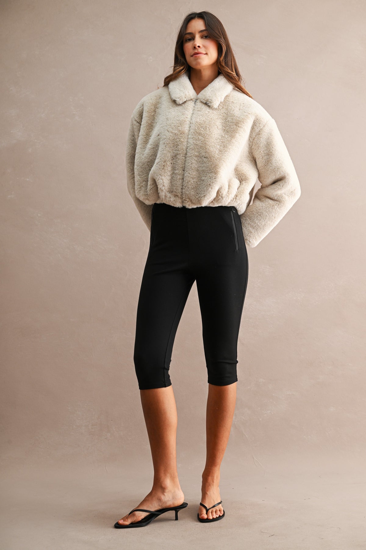 Jolie Faux Fur Cropped Jacket in Light Taupe