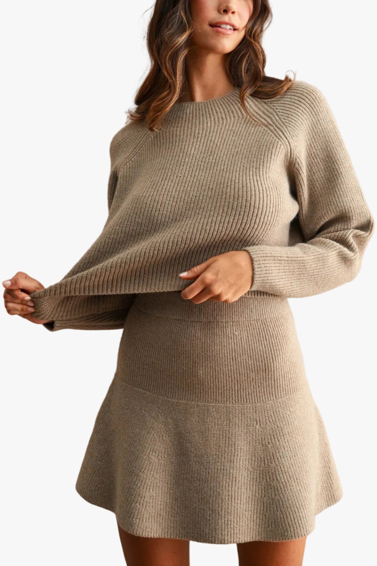 Annie Knit Sweater & Skirt Set in Light Mocha