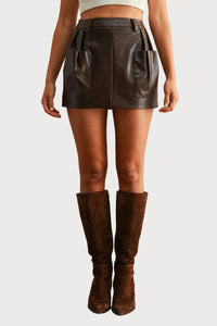 Jessie Faux Leather Pocket Mini Skirt in Brown