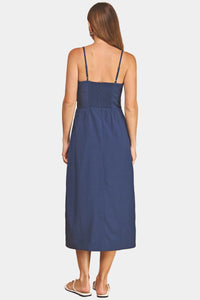 Brianne Rosette Top-Stitched Midi Dress in Navy