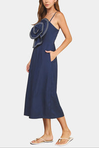 Brianne Rosette Top-Stitched Midi Dress in Navy