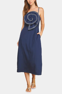 Brianne Rosette Top-Stitched Midi Dress in Navy