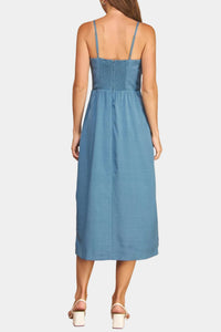 Brianne Rosette Top-Stitched Midi Dress in Denim