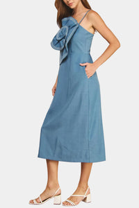 Brianne Rosette Top-Stitched Midi Dress in Denim