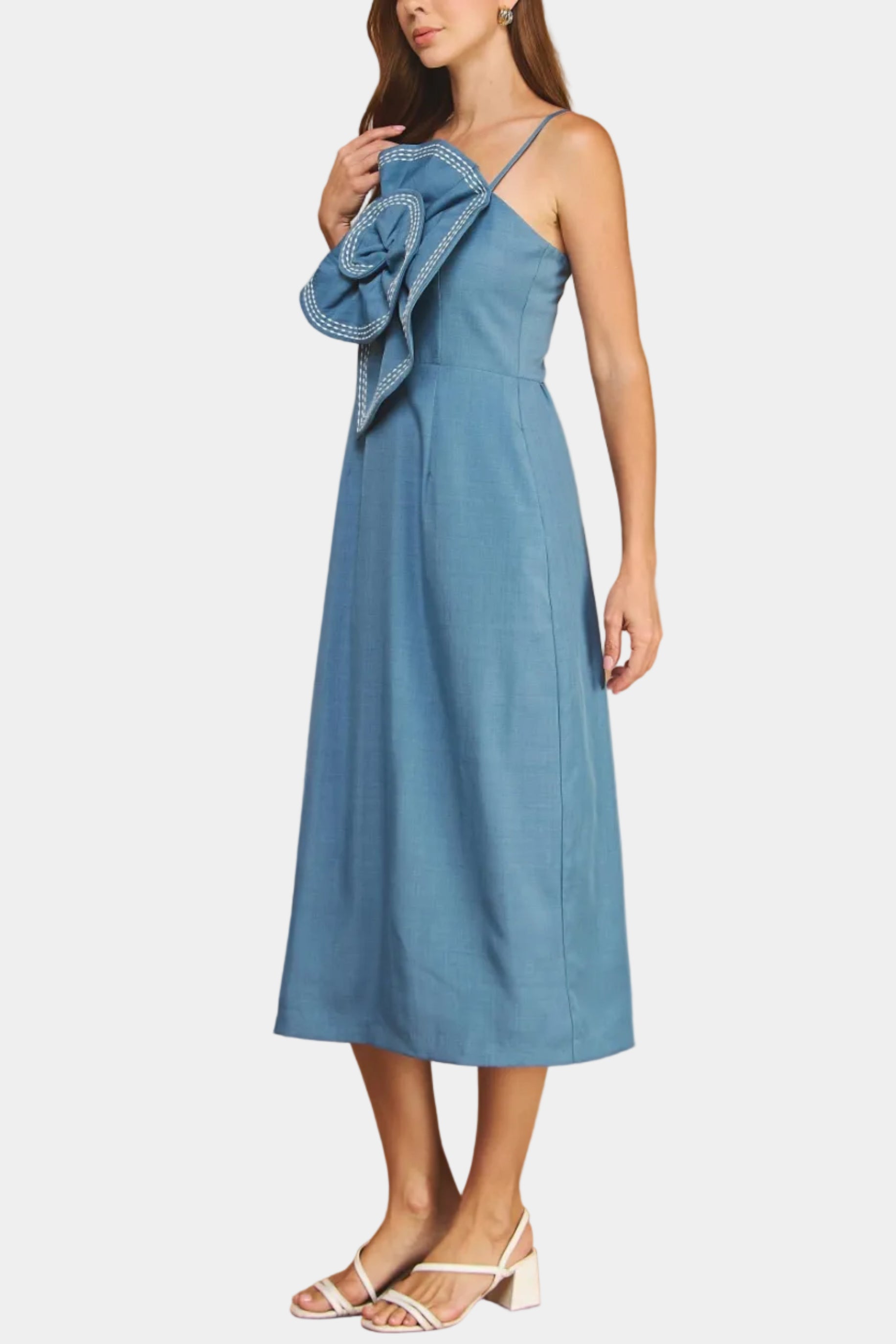 Brianne Rosette Top-Stitched Midi Dress in Denim