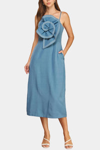 Brianne Rosette Top-Stitched Midi Dress in Denim
