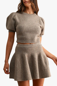 Zander Puff Sleeve Knit Top & Mini Skirt Set in Mocha