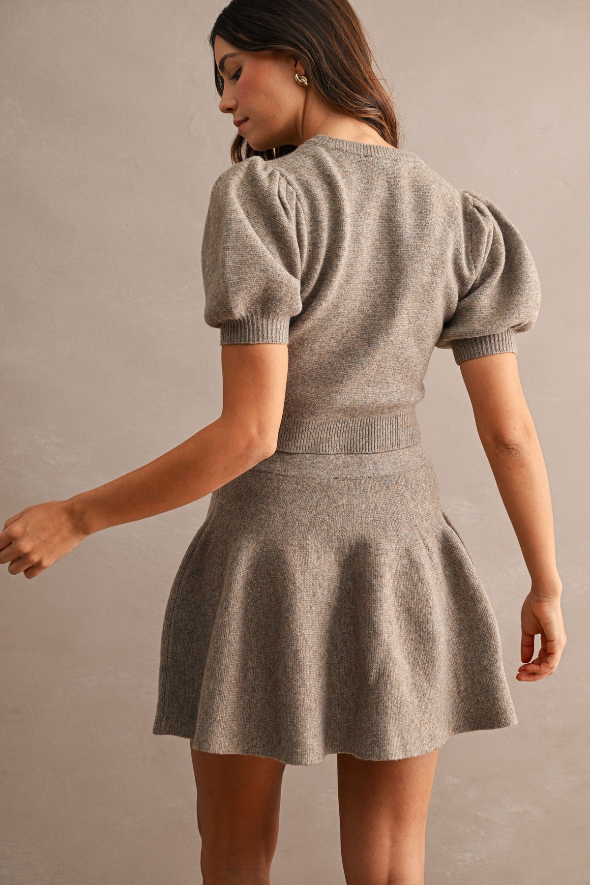 Zander Puff Sleeve Knit Top & Mini Skirt Set in Mocha