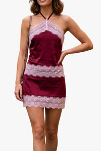 Evie Satin Lace Trim Halter Top &amp; Skort Set in Burgundy