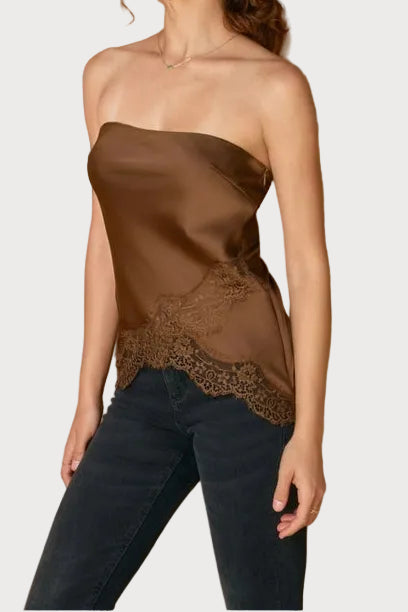 Jennie Satin Asymmetrical Lace Hem Tube Top