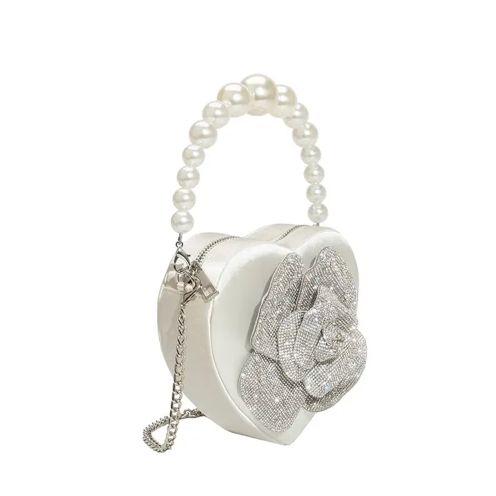 Melie Bianco Mila White Satin & Pearl Heart Crossbody Bag