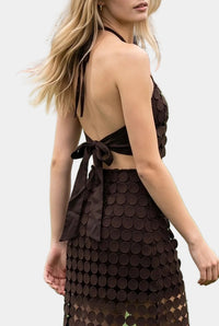 Dylan Dot Lace Halter Top & Sheer Maxi Skirt Set in Chocolate Brown