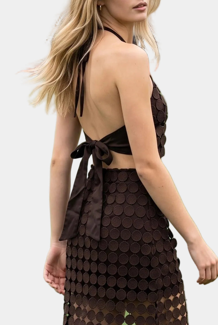 Dylan Dot Lace Halter Top & Sheer Maxi Skirt Set in Chocolate Brown