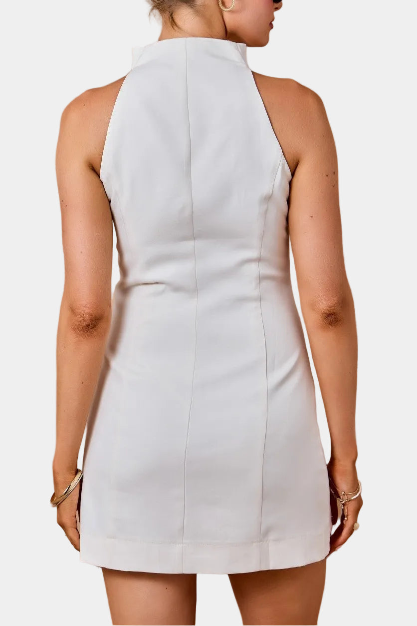 Ellah Sleeveless Crepe Stand Collar Mini Dress in Ivory