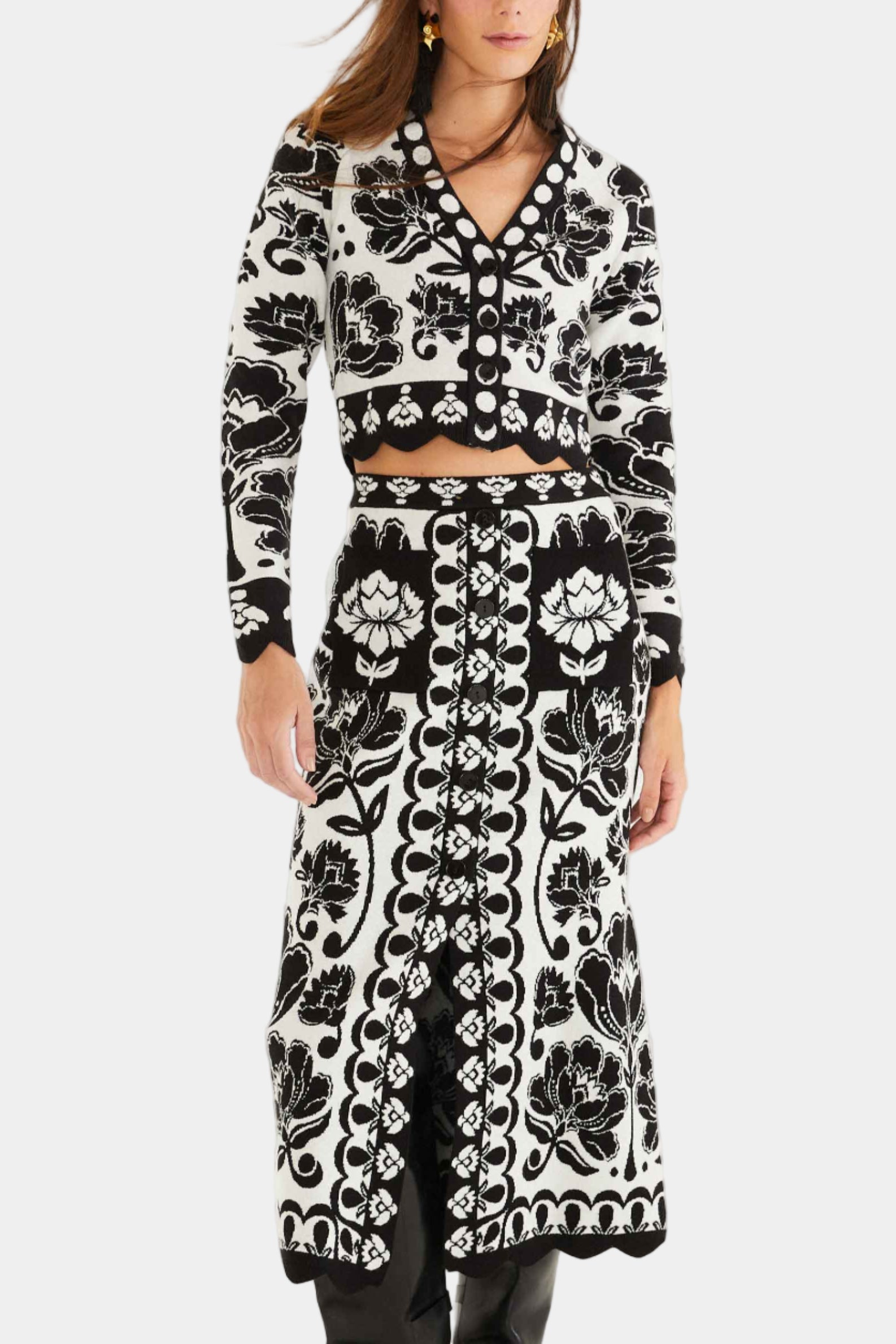 FARM Rio Floral Arabesque Knit Top & Midi Skirt Set