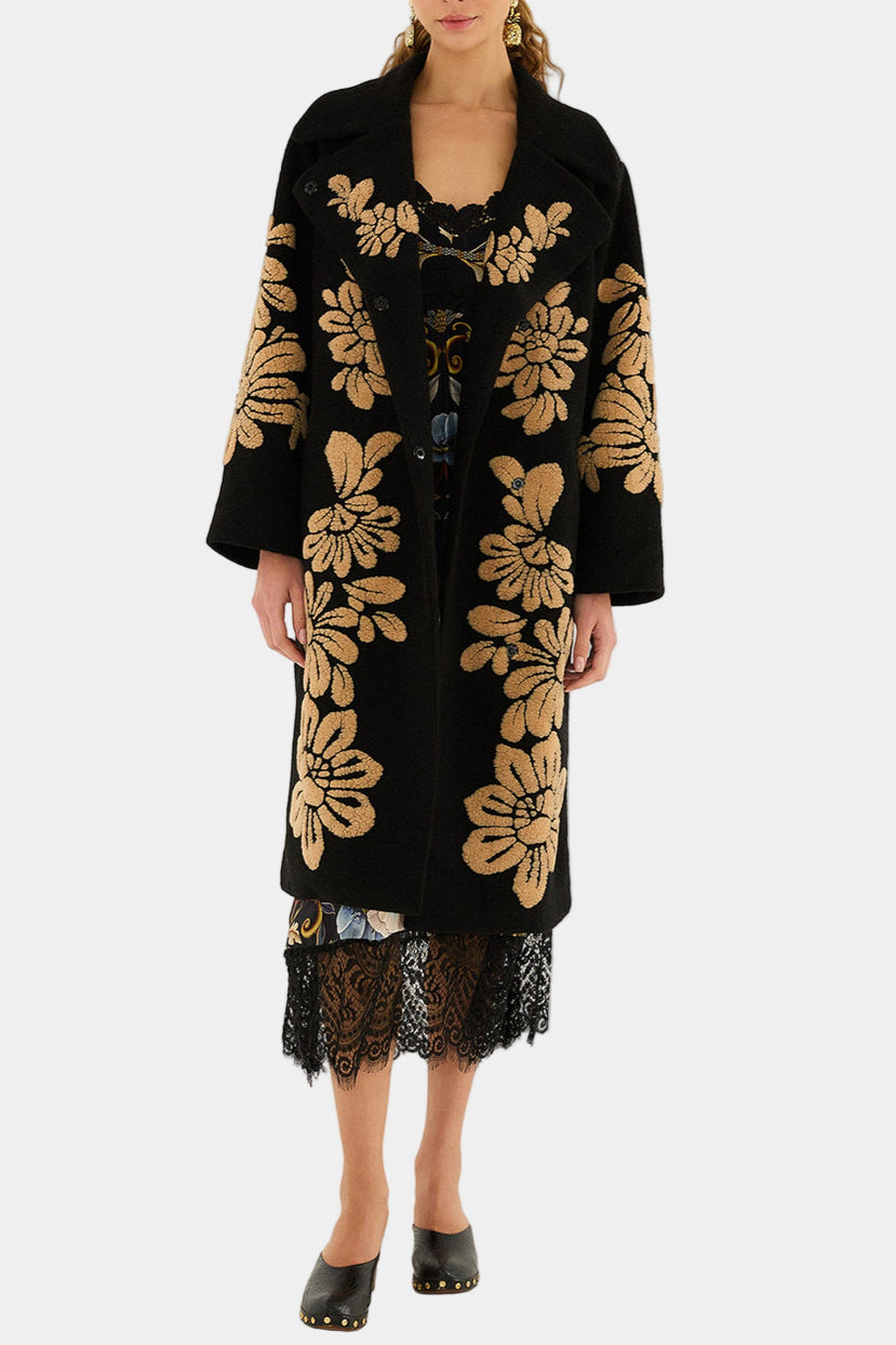 FARM Rio Bold Flowers Fleece Coat in Black