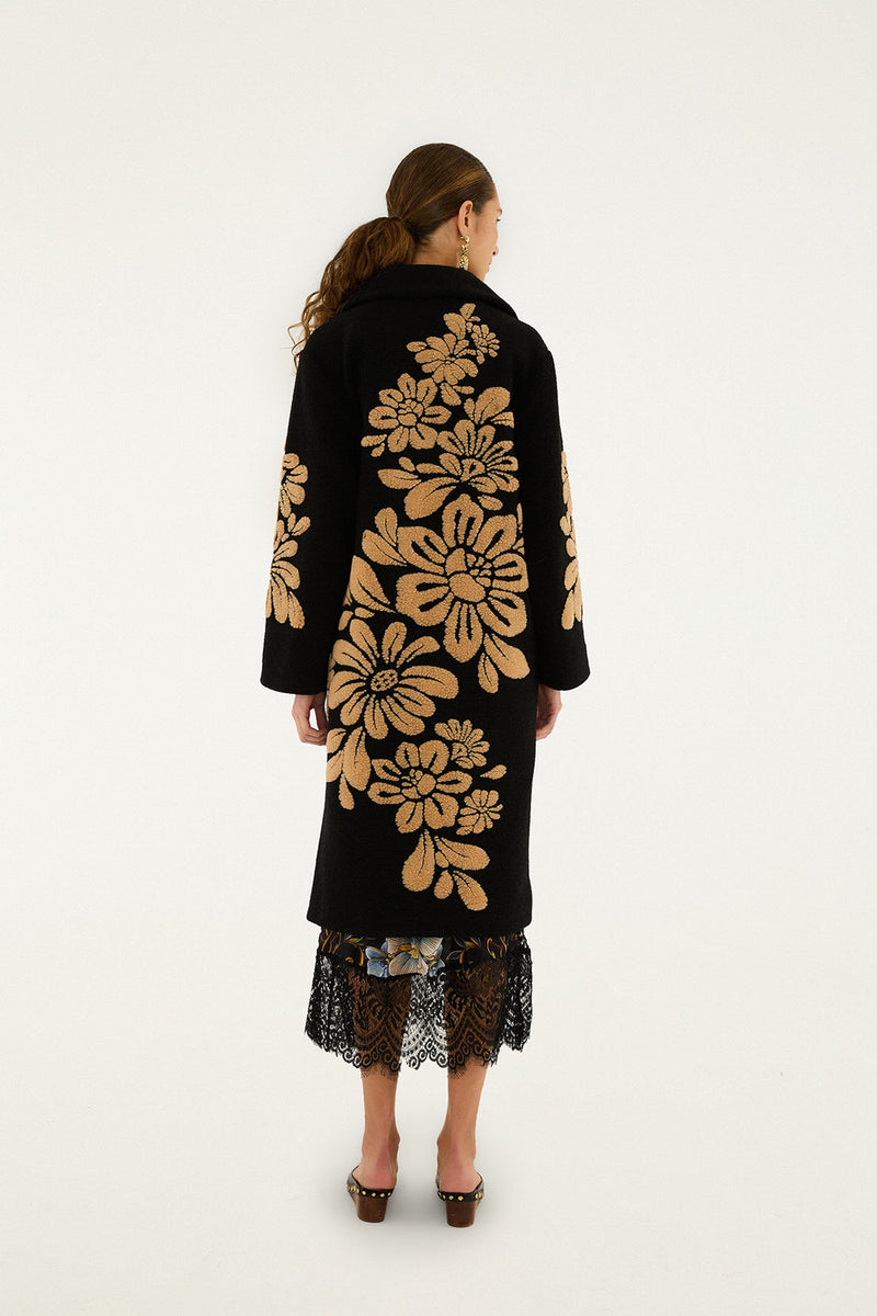 FARM Rio Bold Flowers Fleece Coat in Black
