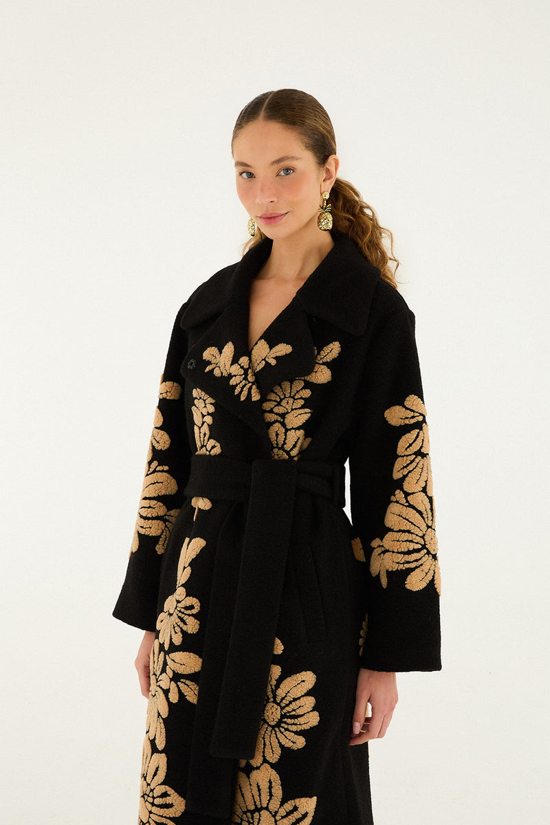 FARM Rio Bold Flowers Fleece Coat in Black