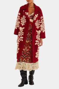 FARM Rio Bold Flowers Fleece Coat in Burgundy
