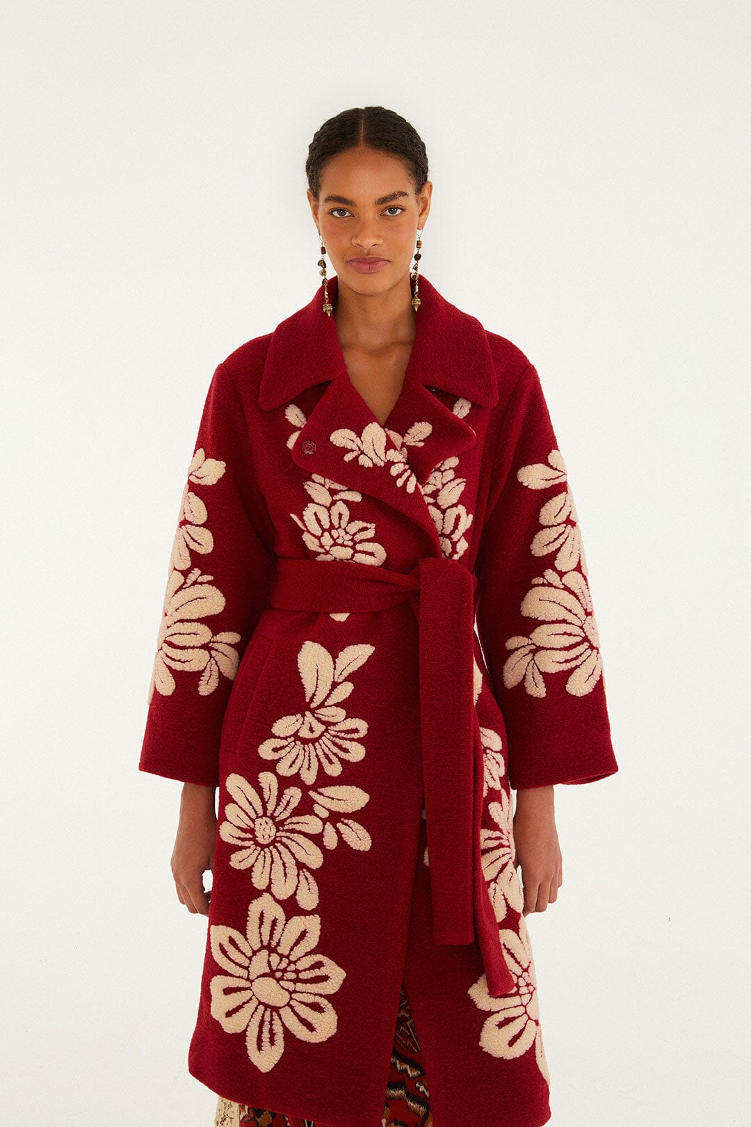 FARM Rio Bold Flowers Fleece Coat in Burgundy