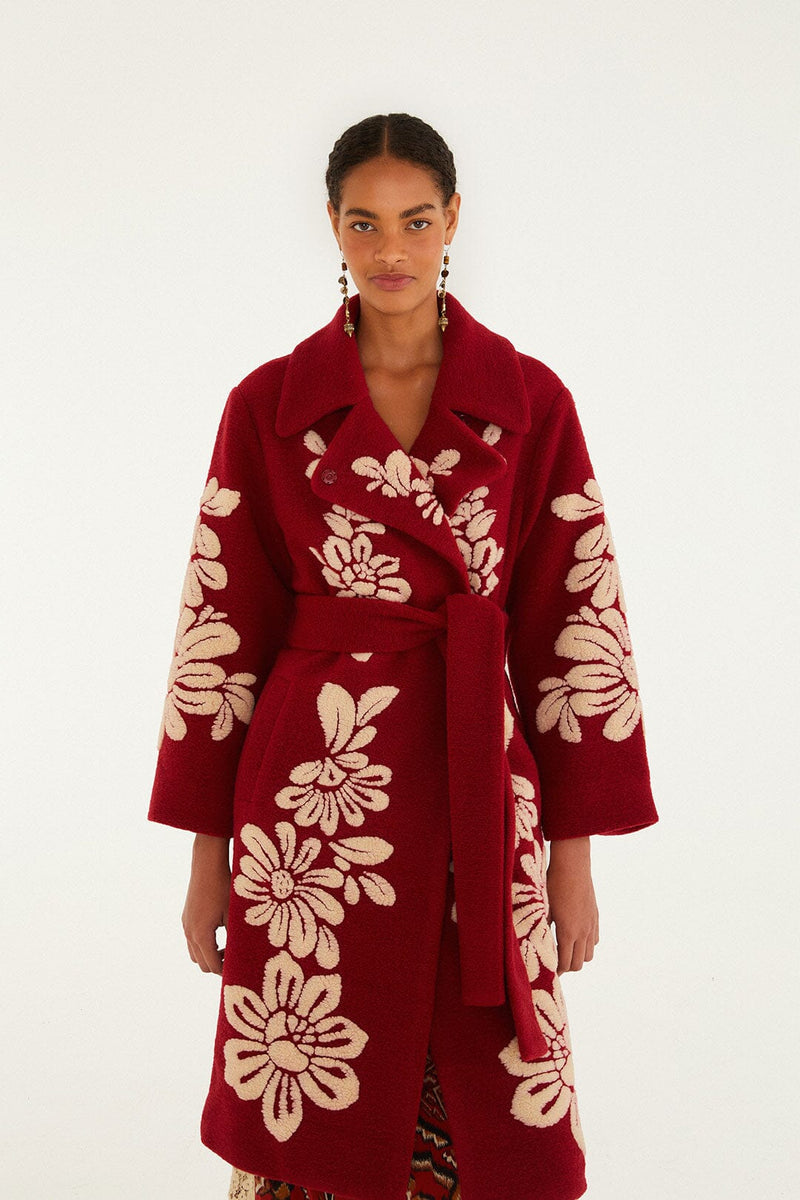 FARM Rio Bold Flowers Fleece Coat in Burgundy