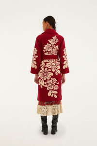 FARM Rio Bold Flowers Fleece Coat in Burgundy