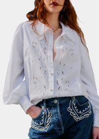 FARM Rio Embroidered Lace Buttoned Smocked Cuff Shirt