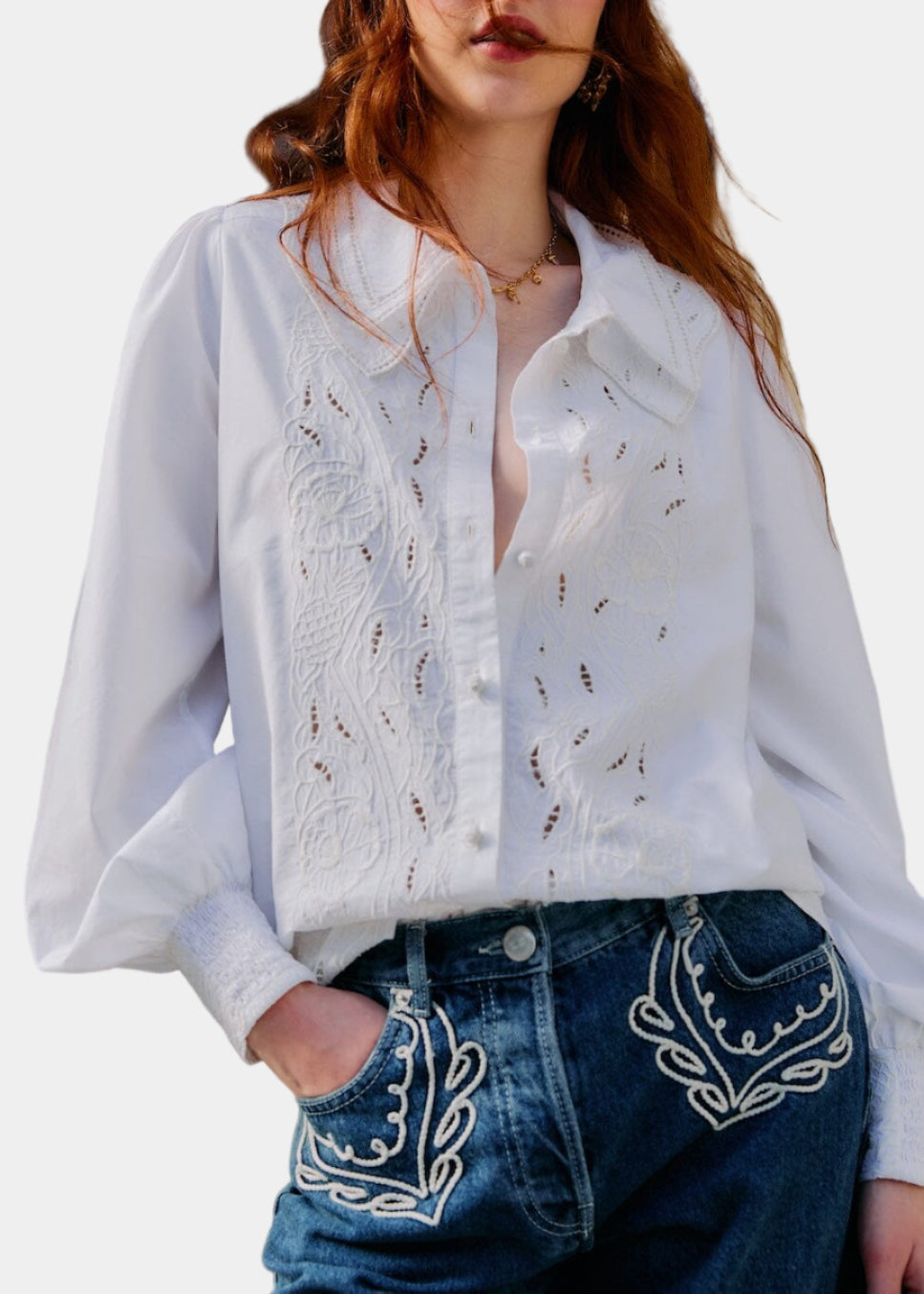 FARM Rio Embroidered Lace Buttoned Smocked Cuff Shirt