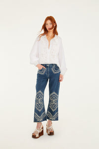 FARM Rio Embroidered Lace Buttoned Smocked Cuff Shirt