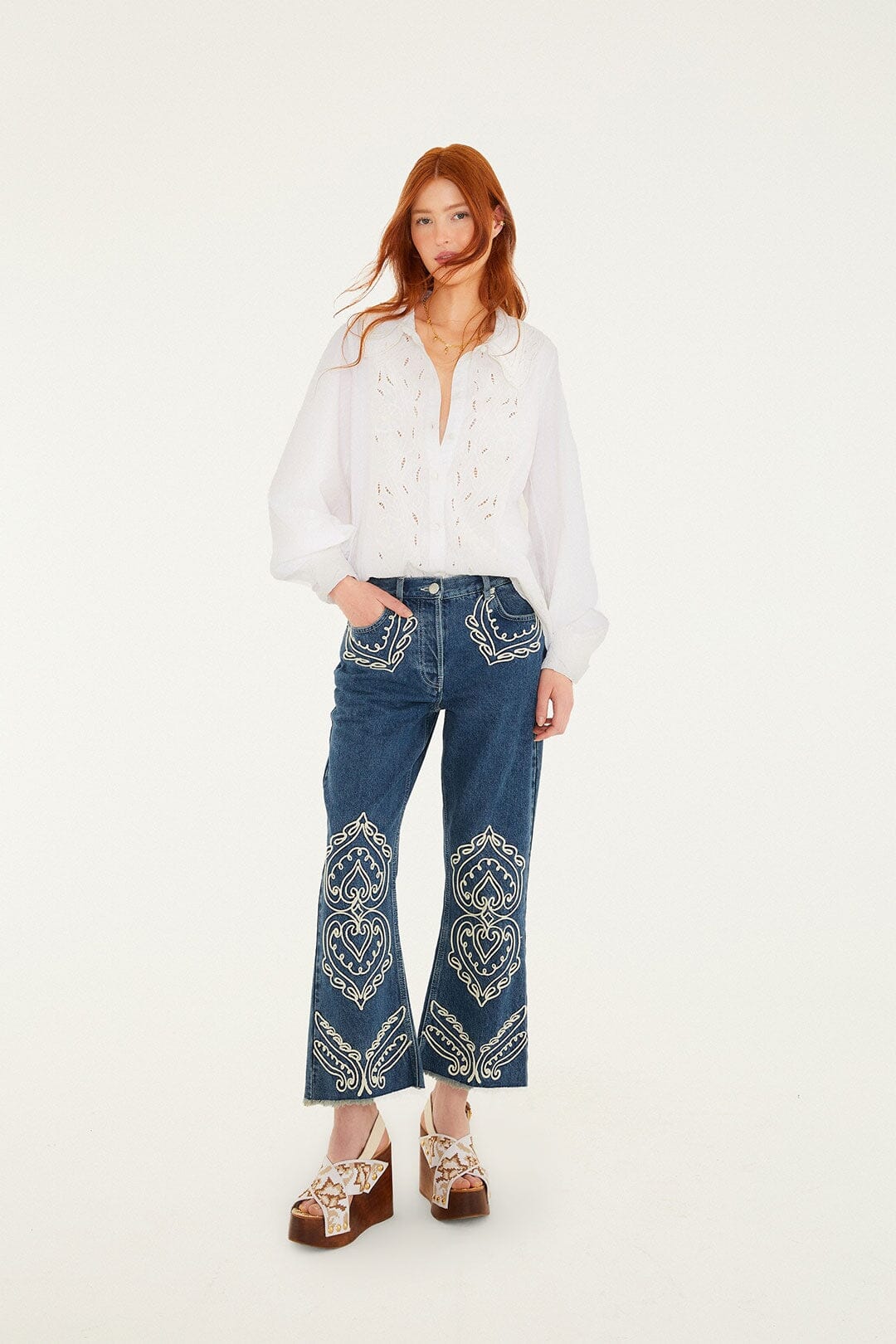 FARM Rio Embroidered Lace Buttoned Smocked Cuff Shirt