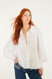 FARM Rio Embroidered Lace Buttoned Smocked Cuff Shirt