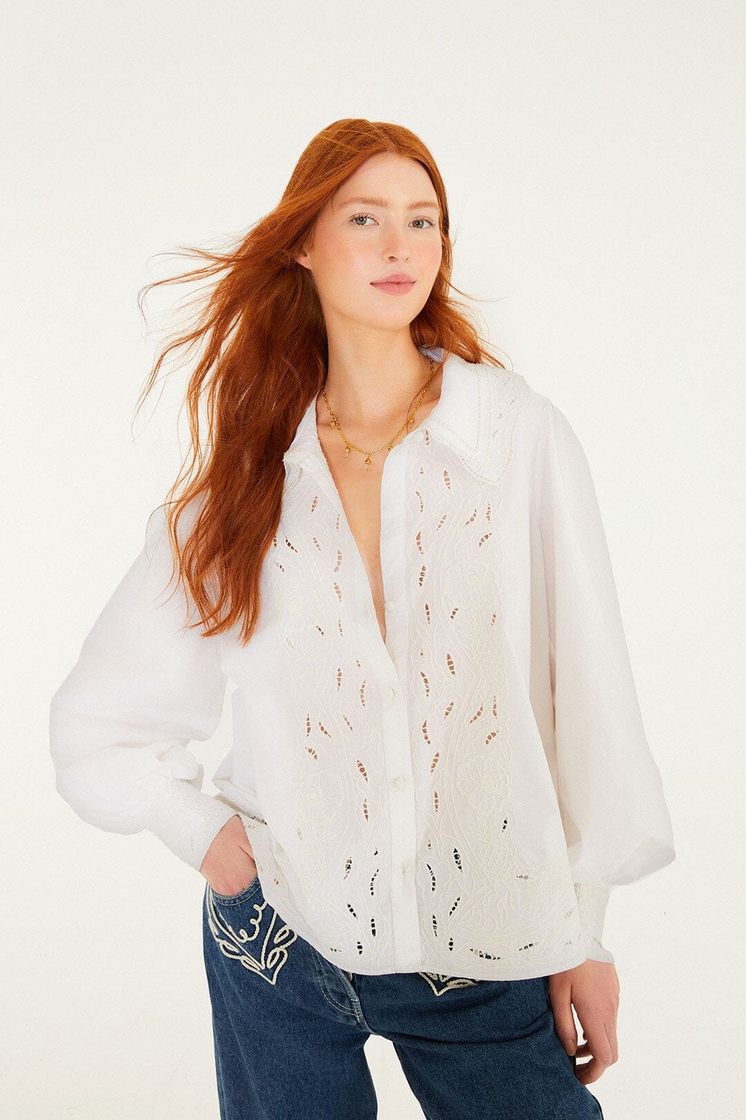 FARM Rio Embroidered Lace Buttoned Smocked Cuff Shirt
