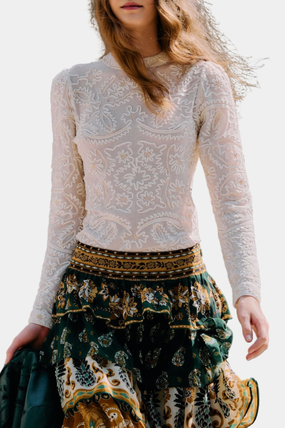 FARM Rio Embroidered Crew Neck Long Sleeve Blouse