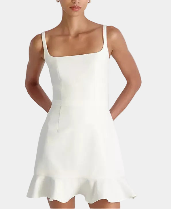 french connection white dress French Connection Whisper Square Neck Frill Hem Mini Dress in Summer W – Square-dclothing