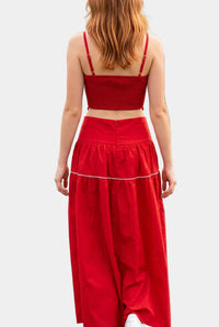 Posie Contrast Stitch Top & Midi Skirt Set in Red/White