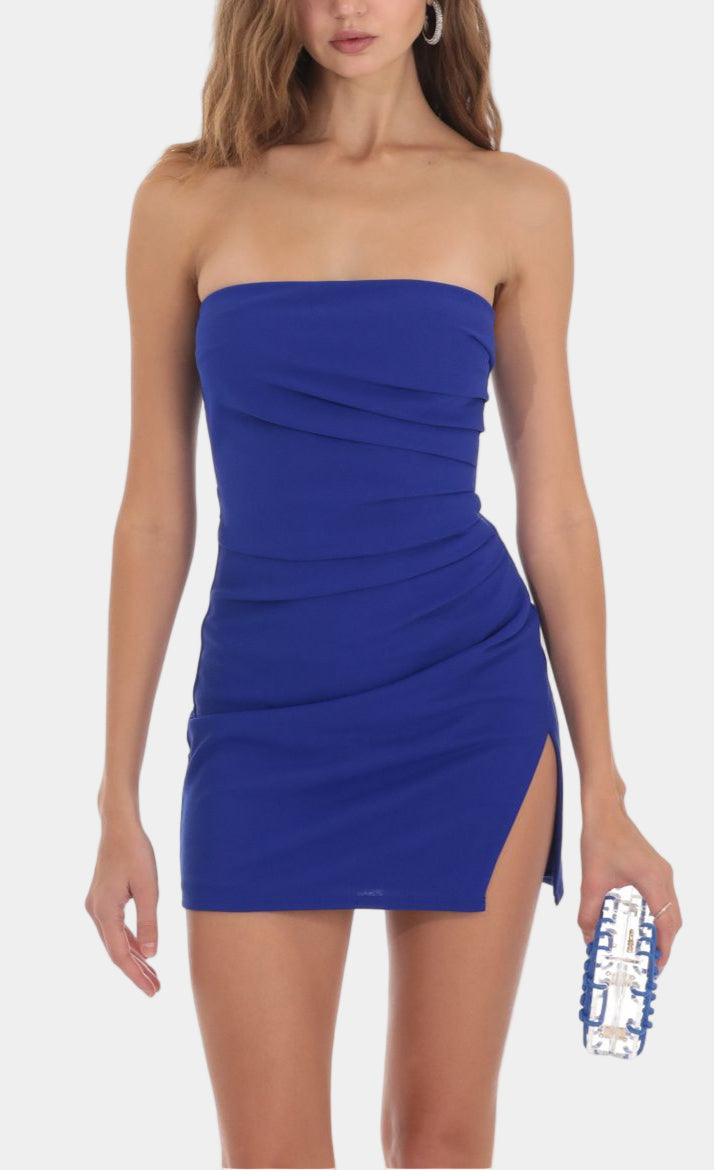 Rosa Strapless Side Ruched Mini Dress in Blue