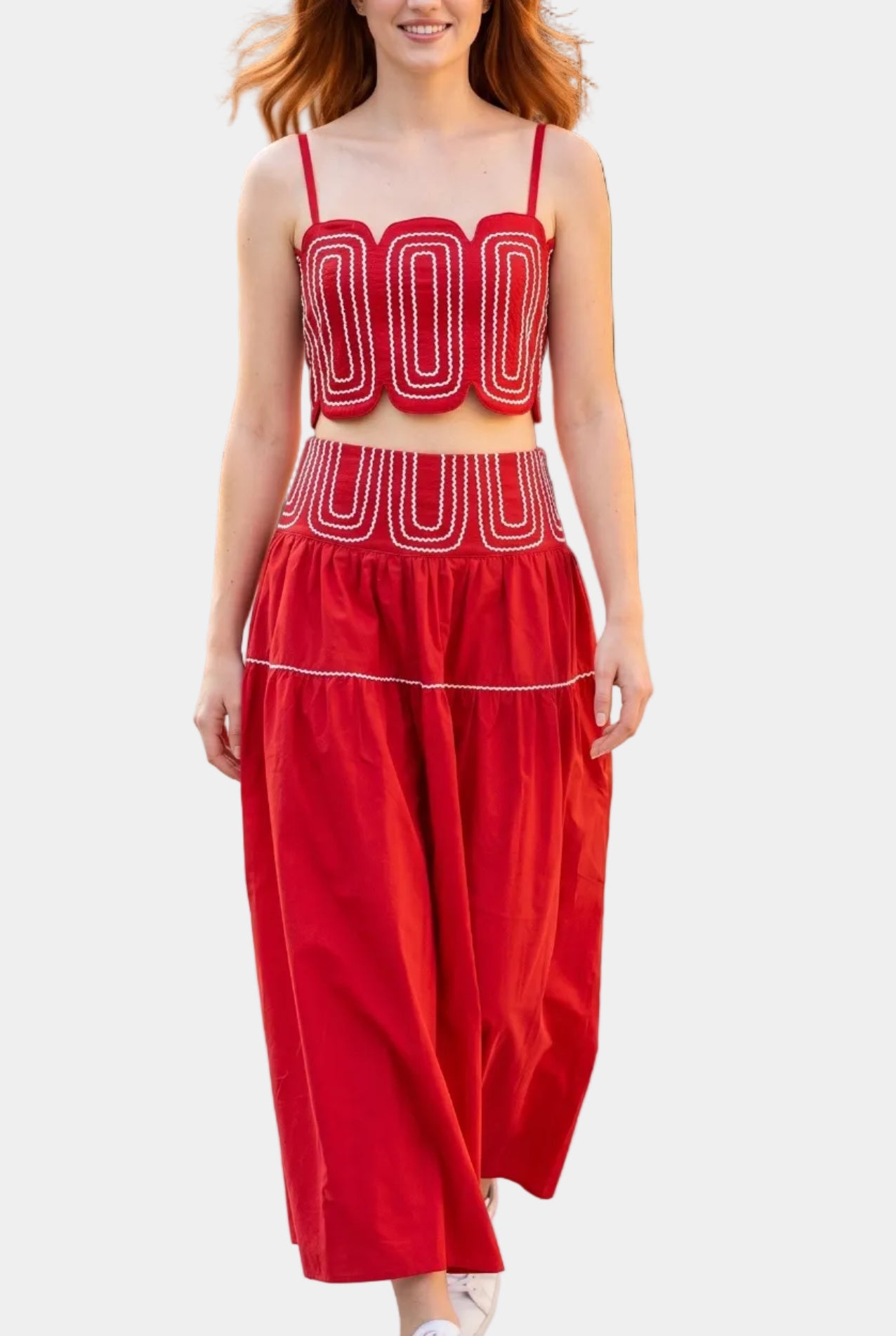 Posie Contrast Stitch Top & Midi Skirt Set in Red/White