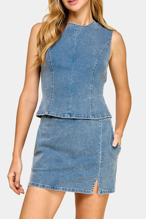 Allie Denim Open Back Top & Mini Skirt Set
