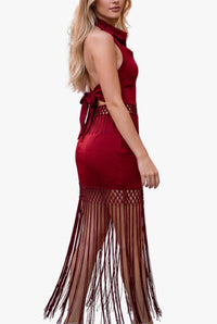 Jayden Fringe Satin Top & Maxi Skirt Set in Burgundy
