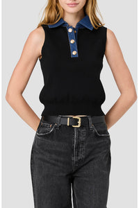 French Connection Maxime Knit Denim Collared Sweater Vest in Black