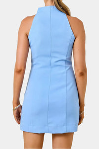 Ellah Sleeveless Crepe Stand Collar Mini Dress in Blue
