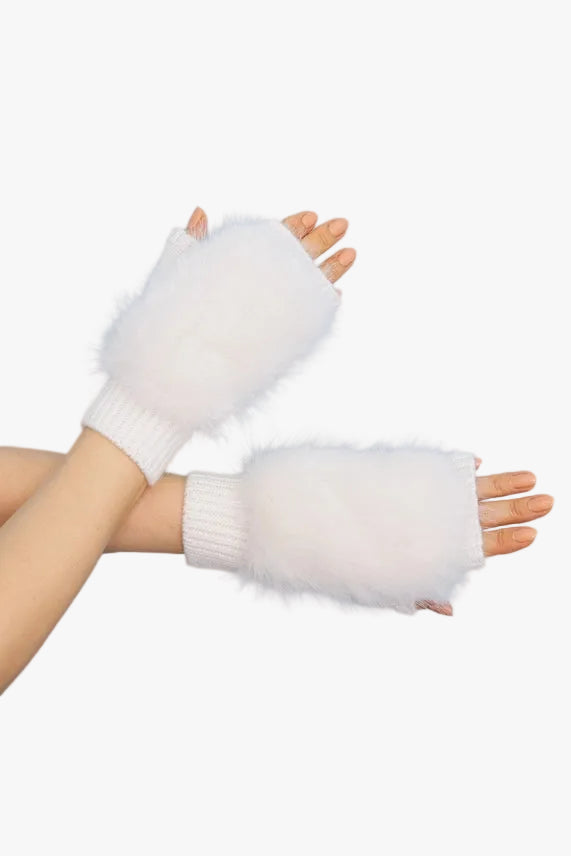 Faux Fur Trim Fingerless Knit Mittens