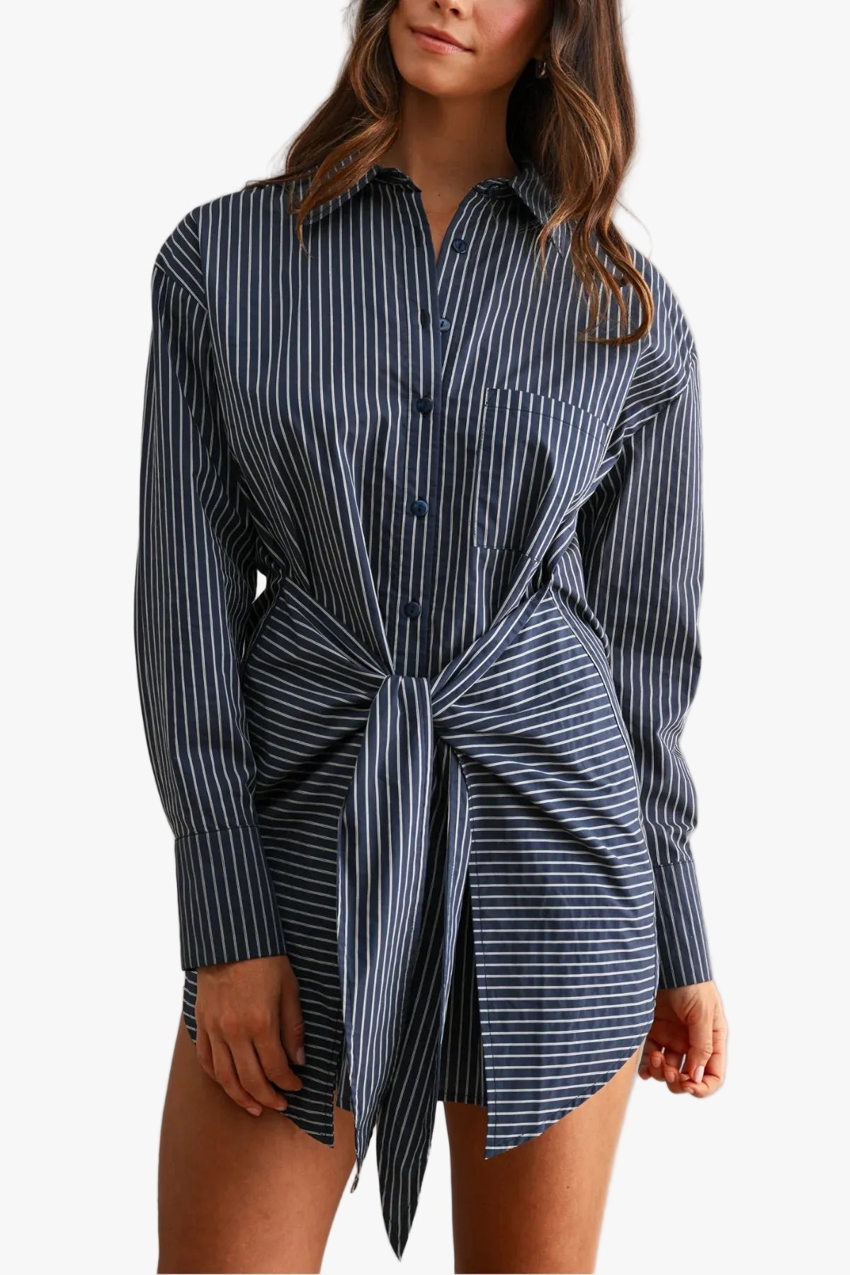 Hadley Pinstripe Wrap Mini Shirt Dress