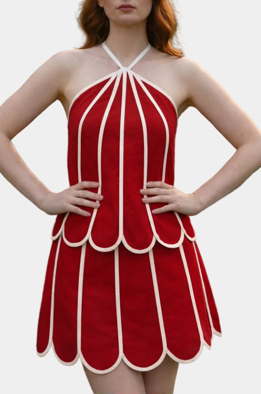 Alice Scalloped Top & Mini Skirt Set In Red/White