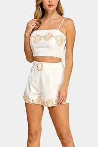 Paige Embroidered Top & Belted Shorts Set