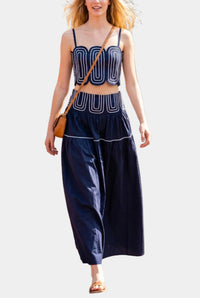 Posie Contrast Stitch Top & Midi Skirt Set in Navy/White