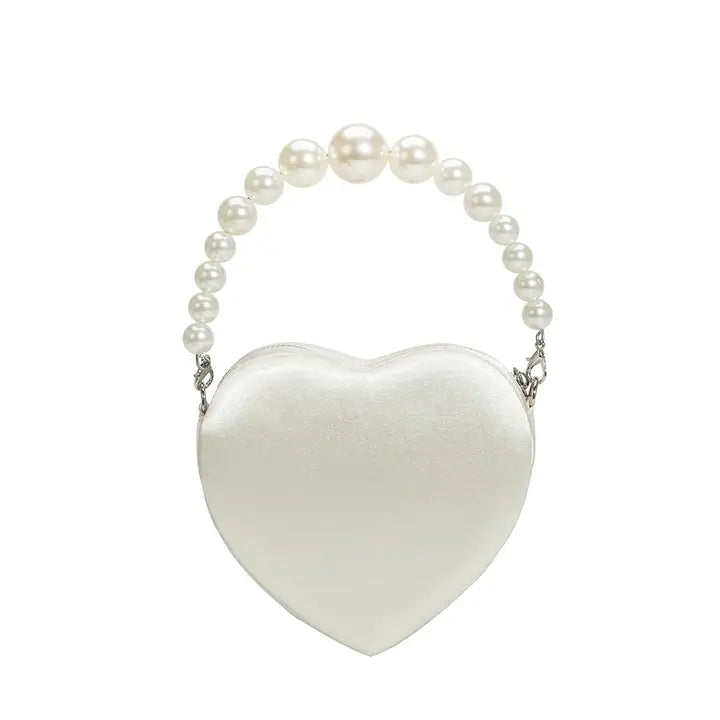 Melie Bianco Mila White Satin & Pearl Heart Crossbody Bag